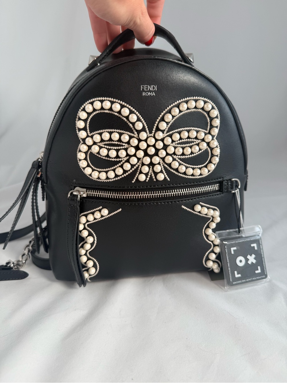 Fendi Mini By The Way Leather Backpack with Pearl Bow Detail